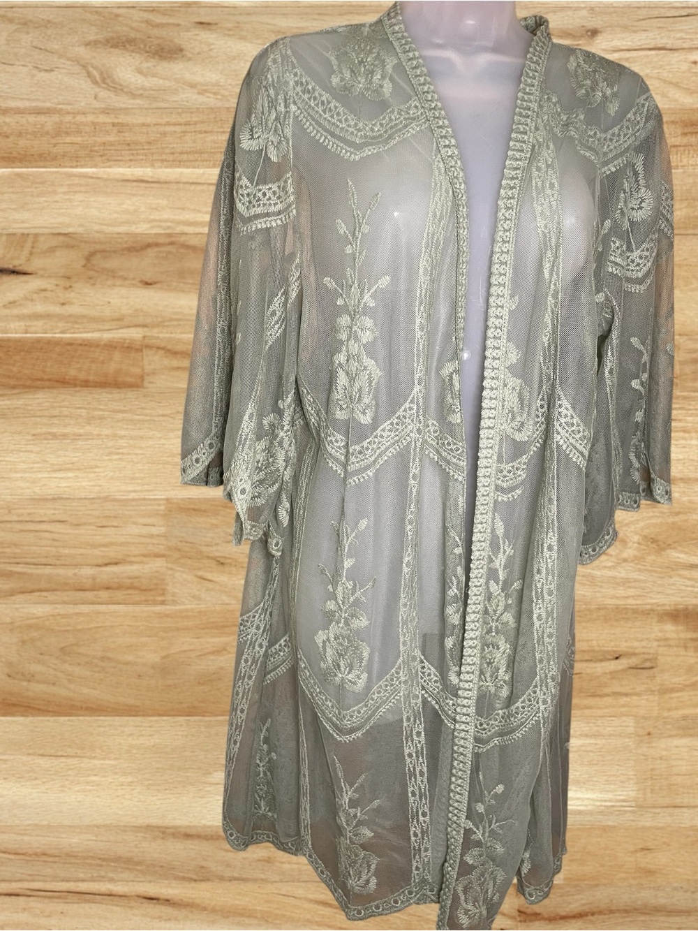 Miss Chievous Sheer Embroidered Open-Front Coverup Kimono in Sage